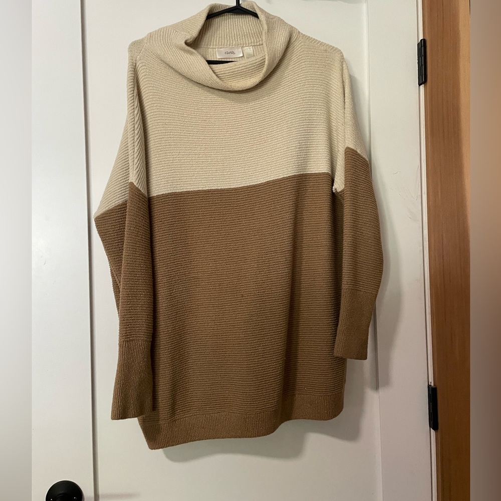 Colorblock Cowl Neck Sweater - Cream and Brown